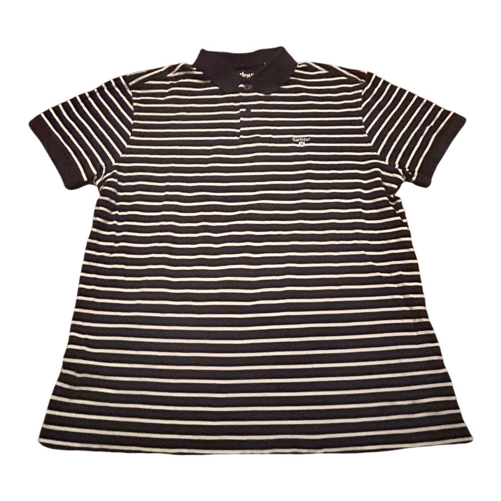 Barbour Polo Shirt Large Navy Blue Striped Cotton Preppy Luxury Coastal Nautical